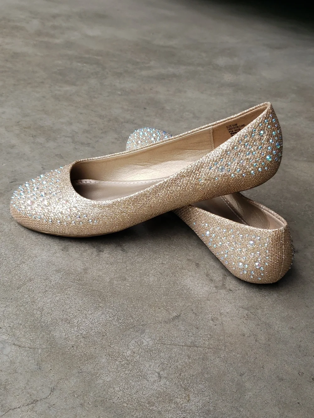 Gold Round Toe Flats with Rhinestones. Women's 6.5